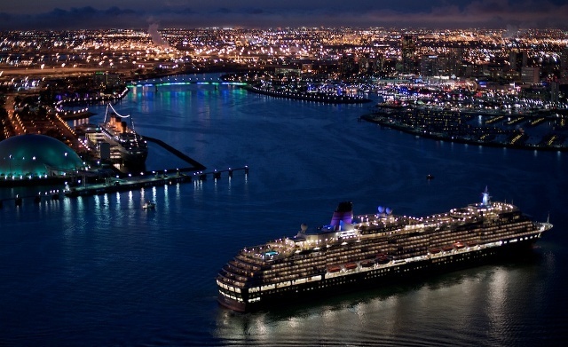 Queen Victoria met her docked sister ship Queen Mary yesterday in Long Beach, Calif. underneath a fireworks show for a Cunard Royal Rendezvous
