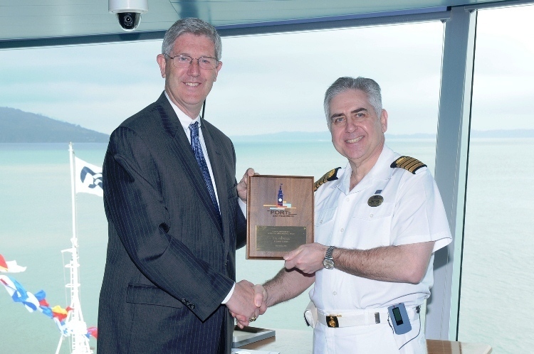 Michael Nerney, Marketing Manager for the Port of San Francisco presents Sea Princess Captain Martin Stenzel with the Cruise Ship Environmental Award