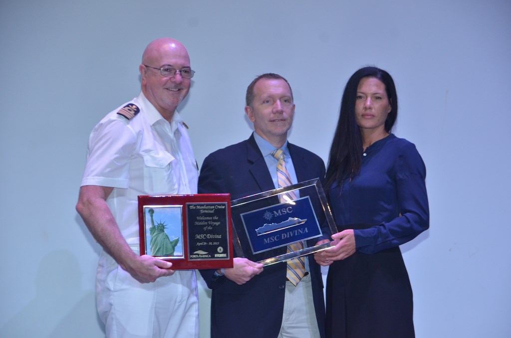 Captain Pier Paola Scala (left), Kenneth Winkler (center), general manager for Ports America, and Elizabeth Shearin (left), vice president of  cruise operations for the New York City Economic Development Corporation