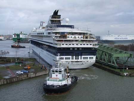 The Celebrity Galaxy arriving at Lloyd Werft in Bremerhaven on March 27 where she will be converted into TUI Cruises' Mein Schiff for the German market.