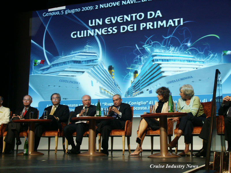 At today’s press conference in Genoa, from left:  Howard Frank, vice chairman and COO of Carnival Corporation; Micky Arison, chairman and CEO of Carnival Corporation; Pier Luigi Foschi, chairman of Costa Crociere; Giuseppe Bono, president  of Fincantieri;  Margherita Bozzano, director of tourism for the Liguria region; and Marta Vincenzi, mayor of Genoa.