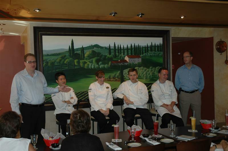 (From left) Frank Weber, (corporate) vice president of food and beverage; Travis Kamiyama, chef at Izumi, the ship’s Asian cuisine restaurant; Molly Brandt, chef at 150 Central Park, the Allure’s trendy, upscale restaurant; Josef Jungworth, (corporate) director of food and beverage; Marko Marama, senior executive chef onboard; and Ken Taylor, (corporate) manager of restaurants.