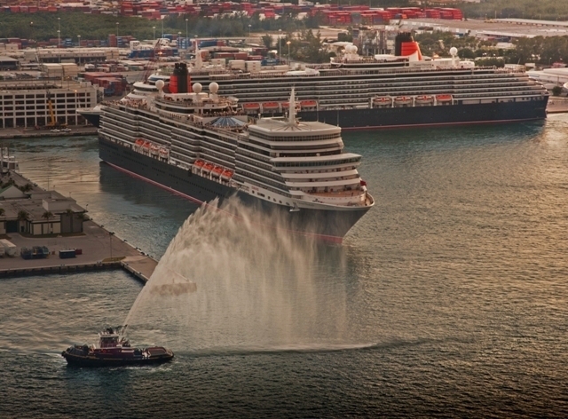 Queen Elizabeth (left) and Queen Victoria (right) in Port Everglades. Photo: Len Kaufman for Cunard Line
