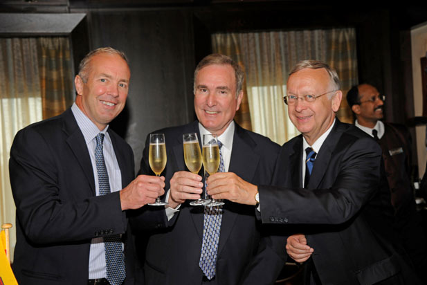 Celebrity Cruises President and CEO Dan Hanrahan and Chairman and CEO of Celebrity's parent company, Royal Caribbean Cruises Ltd., Richard D. Fain toast Meyer Werft's Bernard Meyer as Celebrity officially takes ownership of the sleek, new Celebrity Silhouette.  