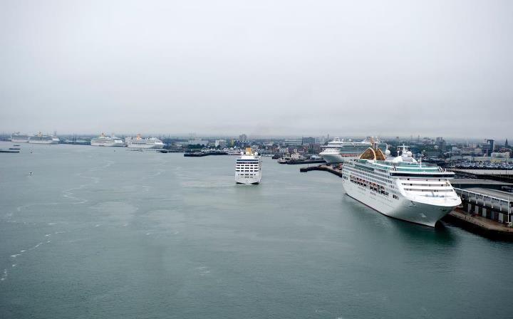 Photo of all seven P&O ships, Adonia maneuvering into position here.