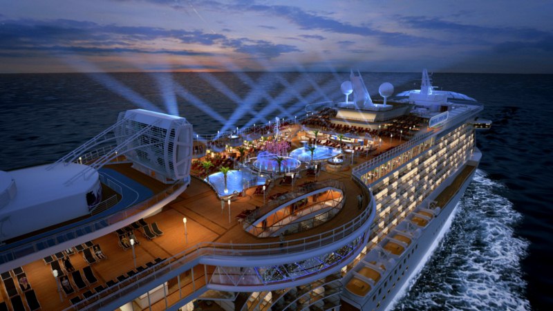 Royal Princess’ top deck will feature the SeaWalk, dancing fountains and a larger Movies Under the Stars Screen