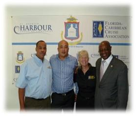 Pictured (left to right): Edward Dest, interim director of tourism for the St. Maarten Tourist Bureau; Mark Mingo, CEO of Port of St. Maarten; Michele Paige, FCCA President; and Hon. Romeo Pantophlet, Minister of Tourism & Economic Affairs.