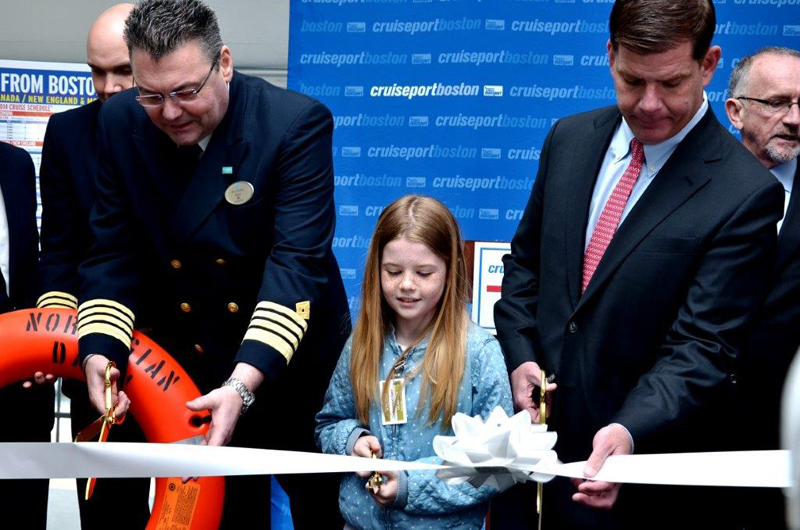 Norwegian Dawn Captain Teo Grbic, Condon School student Sinead Mulligan and Boston Mayor Martin Walsh officially open Cruiseport Boston’s 2014 season today during a Ribbon  Cutting ceremony today.