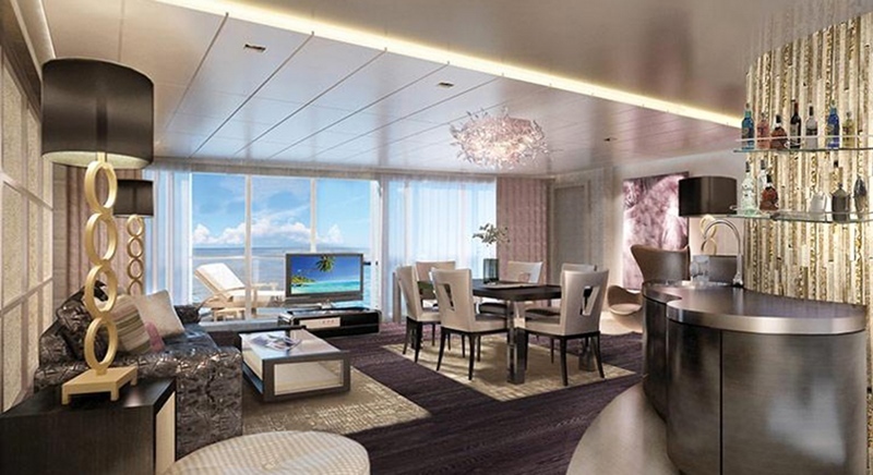 Artist’s renderings of the living room of the owner’s suite aboard the new Norwegian Escape
