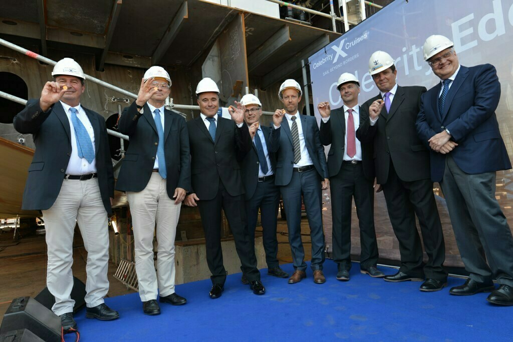 Photographed from left to right: Xavier Leclercq, SVP, Newbuild & Innovation, Royal Caribbean Cruises, Ltd.; Laurent Castaing, General Manager, STX France; Costas Nestoroudis, Captain of Celebrity Edge; Jean-Yves Jaouen, Operations Senior Vice President, STX France; Sebastien Le Boulluec, Project Manager, STX France; Petteri Heimo, Project Manager, Celebrity Edge, Royal Caribbean Cruises Ltd.; Kari Pihlajaniemi, Director, Head of Newbuilding & Innovation Center, Royal Caribbean Cruises Ltd.; and Harri Kulovaara, Executive Vice President New Build and Innovation, Royal Caribbean Cruises, Ltd. Photo courtesy of STX France – Bernard Biger