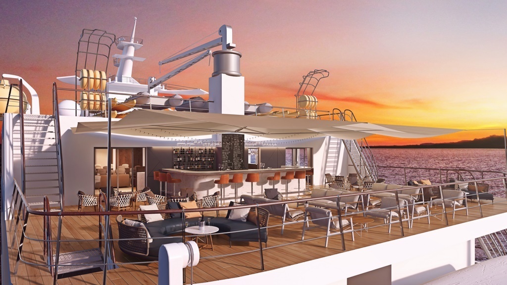 The outdoor bar and dining area aboard the new Coral Adventurer, which enters service in the first quarter of 2019.