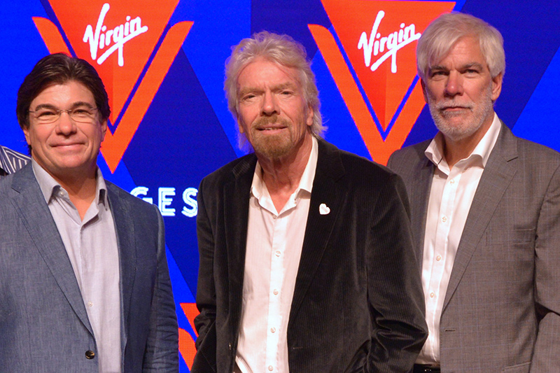 Tom McAlpin CEO & President, Sir Richard Branson Founder Virgin, Stuart Hawkins SVP Marine & Technical at the rollout of the new name and logo for Virgin Voyages.
