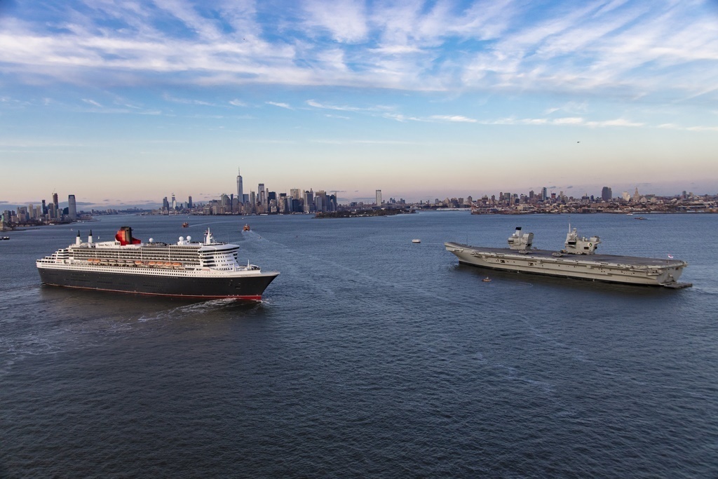 Queen Mary 2 and HMS Queen Elizabeth  Meet for Royal Reception in New York Harbor 