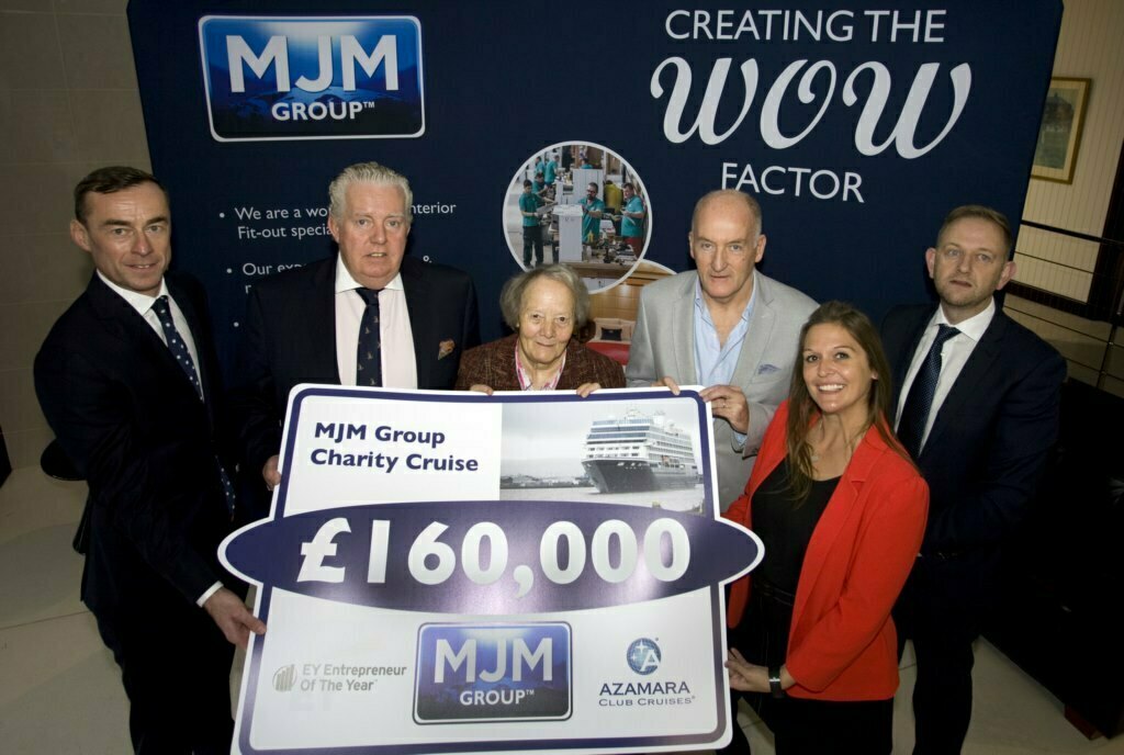 Nine local and national charities were the recipients of £160,000 which was raised by MJM Group who organised a Charity Cruise on board the Azamara Pursuit following it’s historic refit in Belfast.  MJM Group were supported by Azamara Club Cruises and EY Entrepreneur Of the Year.  The charities who benefited from the money are Cuan Mhuire, Pieta House, Mercy Ships, PIPS Hope and Support, Clic Sargent, RNLI, Tinylife, Carcullion Gateway in Hilltown and Newry Gateway. Pictured at the cheque presentation event are (l to r) Rob Heron, Partner Lead for the EY Entrepreneur of the Year Programme, Brian McConville, Chairman MJM Group, Sr Consilio, founder of Cuan Mhuire, Eamonn Duignan, Head of Finance for Pieta House, Charlene Cree, Corporate Partnership Manager for Mercy Ships and Gary Annett, CEO MJM Group.  