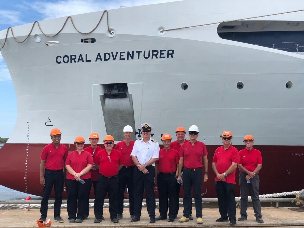 Senior Management and project team from Coral Expeditions attend the floating ceremony for Coral Adventurer. ( L to R: Paul Chacko – Executive Director, Tamara Sweeting - Hospitality Manager, Alistair Burgoyne – Director, Perry Wilkes – Finance Director, Frank Krone – Newbuild Project Manager, Gary Wilson – Senior Master, Michael Marson – Marine Superintendent, Jeff Gillies – Commercial Director, Mark Fifield – Group General Manager, Doug Parker – Fleet Engineer and Gary Wyn-Hum – Purchasing Manager )