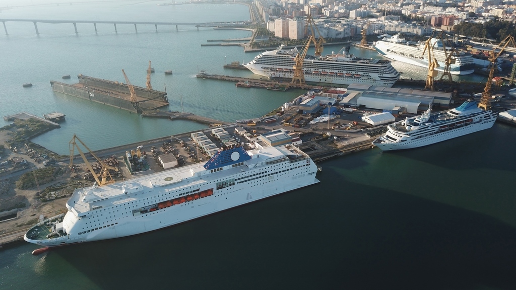 Two accommodation vessels (pictured, bottom) at Cadiz