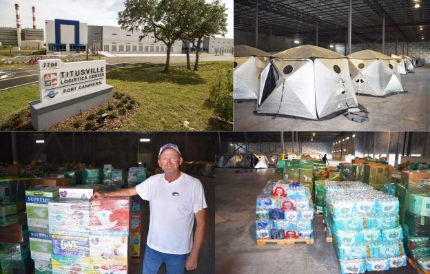 Steve Ewing, lower left, president and founder of Crossroads Alliance & Ministries, stands with Bahamian relief supplies. Canaveral Port Authority’s Titusville Logistics Center is one of two Port properties that will temporarily house supplies for The Bahamas that were donated to the Ocala-based nonprofit organization.