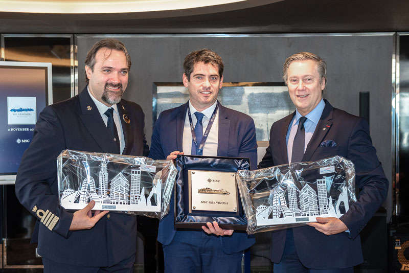 From Left: Capitaine Marco Massa, Commandant du MSC Grandiosa, Monsieur Régis Debons, Maire Adjoint en charge du Tourisme – Ville du Havre et Vice-Président du Havre Seine Métropole (Communauté Urbaine), Monsieur Patrick Pourbaix, Directeur Général MSC Croisières France, Belgique & Luxembourg