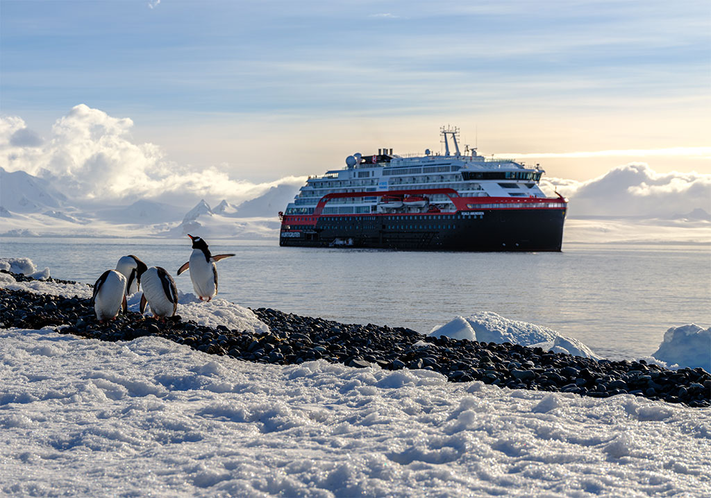 Penguins and MS Roald Amundsen in Antarctica