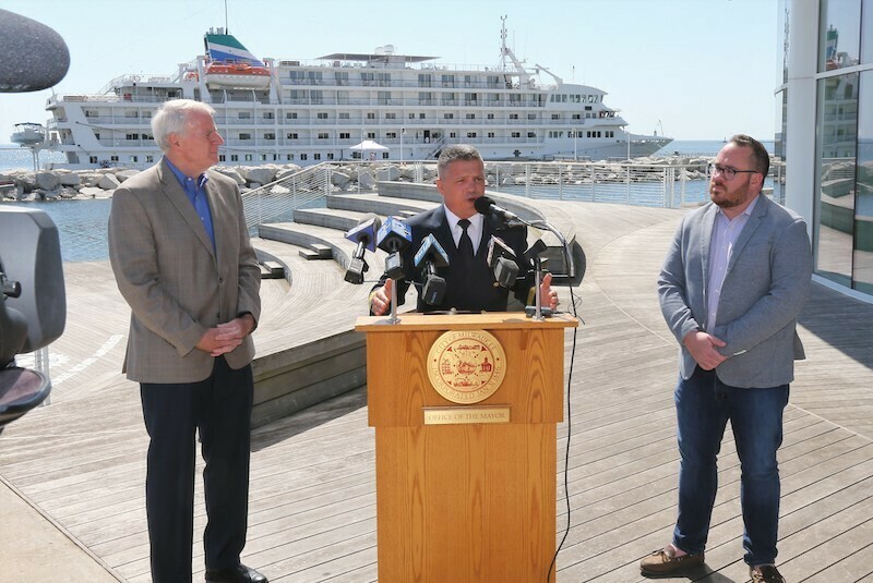 Milwaukee Mayor Tom Barrett, Pearl Mist Captain George Ciortan, and Port Director Adam Tindall-Schlicht.